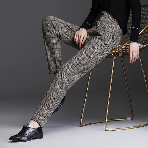 上海旗袍厂MYX-TT-X216经典格子裤女高腰显瘦束脚2021新款哈伦裤松紧腰直筒长裤格纹女裤 商品图3