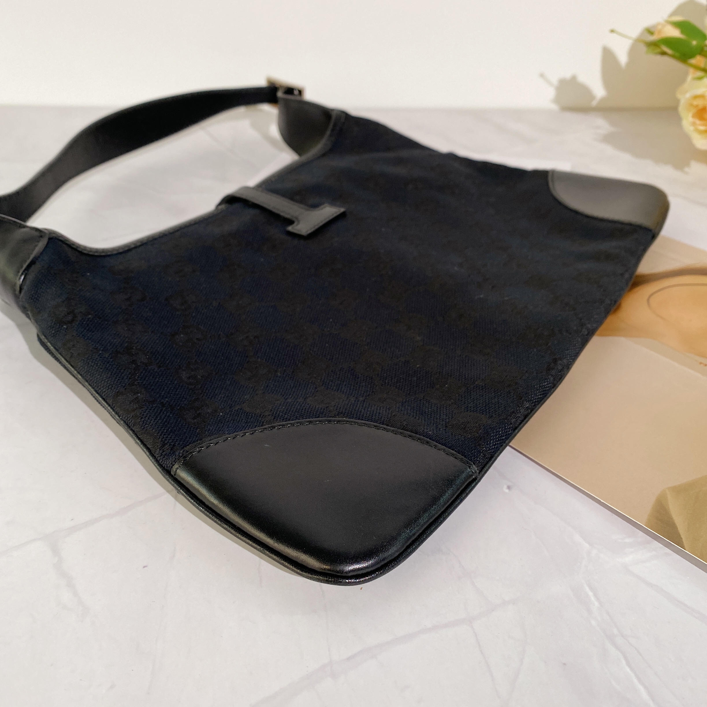 正品二手 gucci jacky 帆布 黑白拼色 腋下包 - 叮当奢侈品