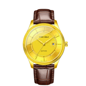 中国黄金 circle系列足金皮带石英带日历（右侧）男士女士情侣手表