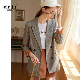 欧芮儿初春九分袖外套女2020新格子单排两粒扣小西装短外套