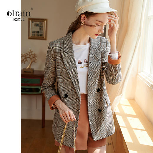 欧芮儿初春九分袖外套女2020新格子单排两粒扣小西装短外套 商品图0