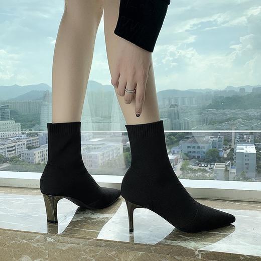 2020秋冬季新款网红瘦瘦中筒袜鞋高跟细跟弹力尖头黑色女短靴代发 商品图3