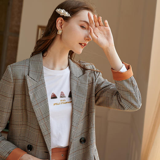 欧芮儿初春九分袖外套女2020新格子单排两粒扣小西装短外套 商品图2