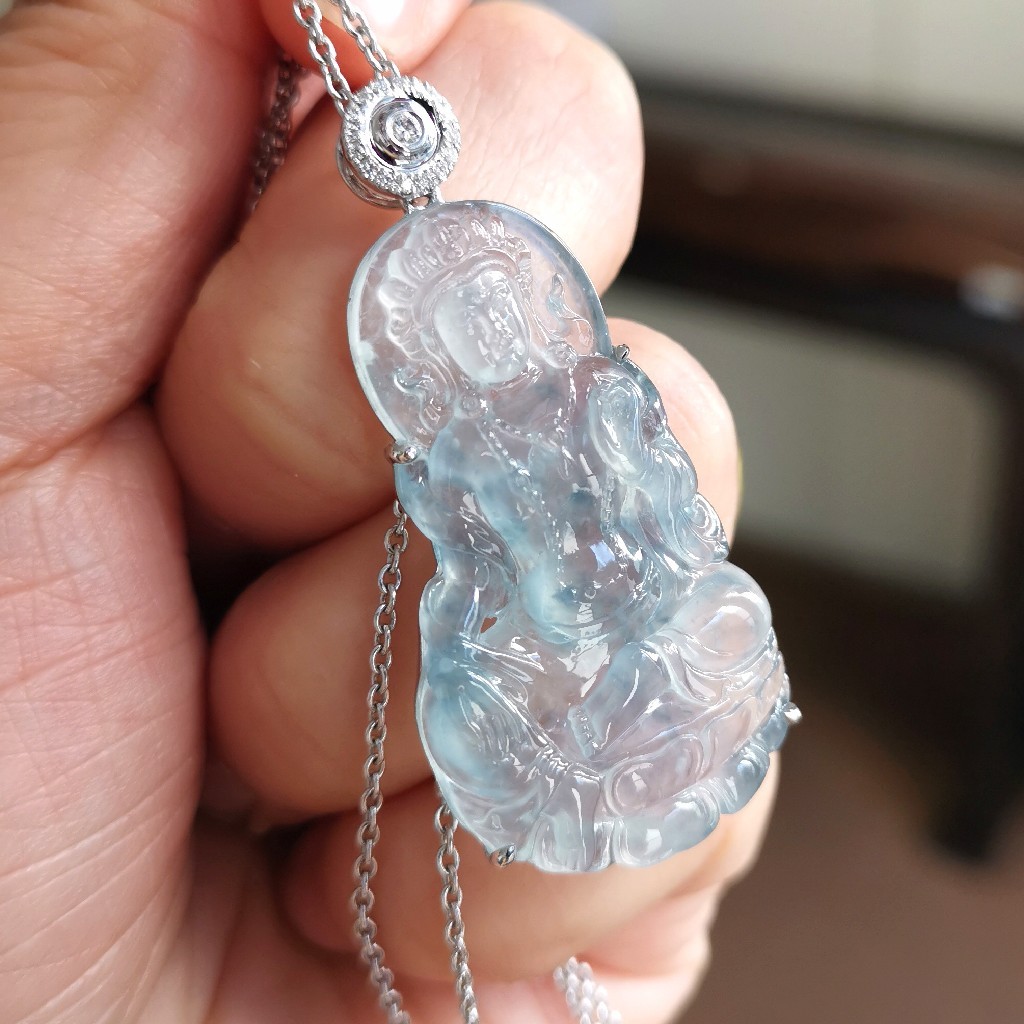 【蓝翠】玻璃种正兰花度母