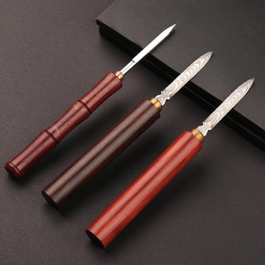  双用茶刀椭圆形花枝木大马士革茶刀雪茄型大马士茶刀竹节式茶刀