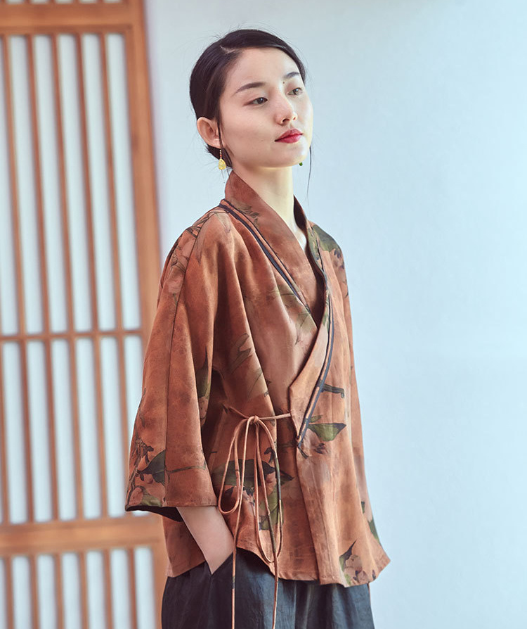 2020早秋新款国风中式枝叶印花短款斜襟汉服开衫香云纱yz0038-1捌