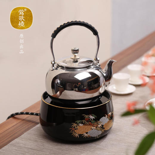  莺歌烧 黑底云竹纹电陶炉 静音防干烧自动关机煮茶炉银壶铁壶莺歌烧炉 商品图1