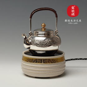  莺歌烧 开片釉横纹金兽电陶炉 茶道配件茶炉台式小铁银铜壶