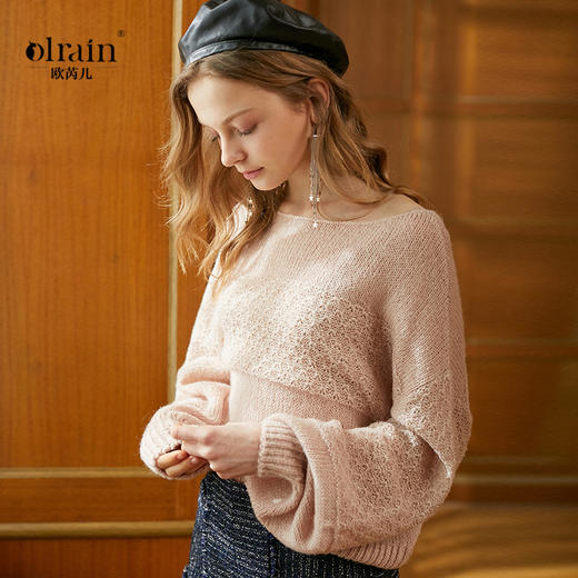 欧芮儿宽松显瘦长袖镂空套头粉色灯笼袖毛衣女春 商品图0