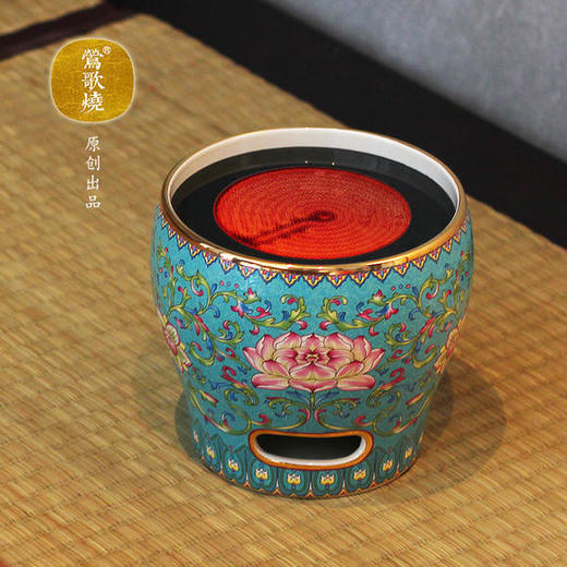  莺歌烧 宝蓝底莲花纹珐琅彩风炉 煮茶器家用无噪音自动台式功夫泡茶小号 商品图0