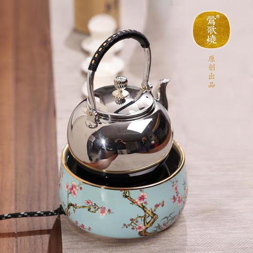  莺歌烧 粉彩梅竹蓝地电陶炉 茶道配件茶炉台式小铁银铜壶 商品图3