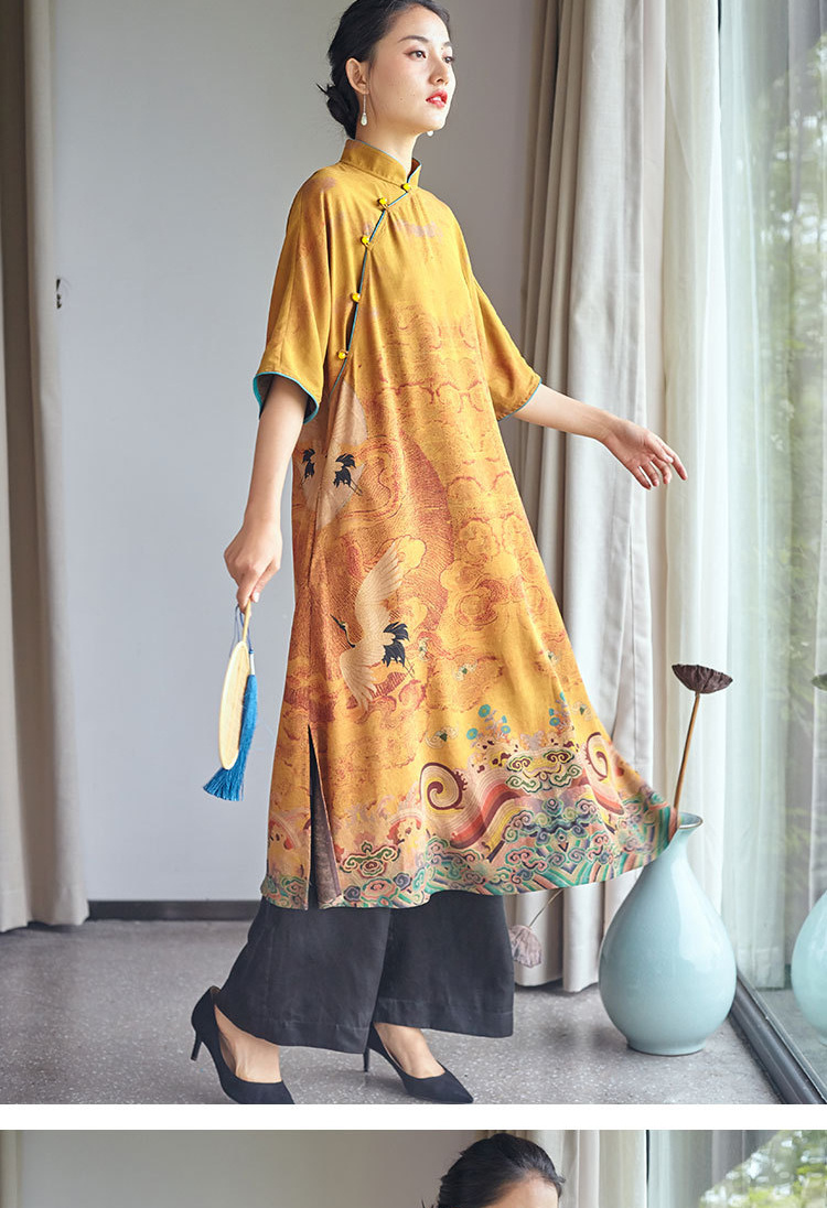 2020新中式复古印花海水江崖祥云花纹香云纱连衣裙袍子yb0159珺