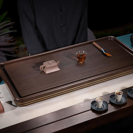  弘龙电木茶盘 胶木茶盘紫檀双铜边简约家用排水式茶盘大号长方形功夫茶电胶木 商品图1