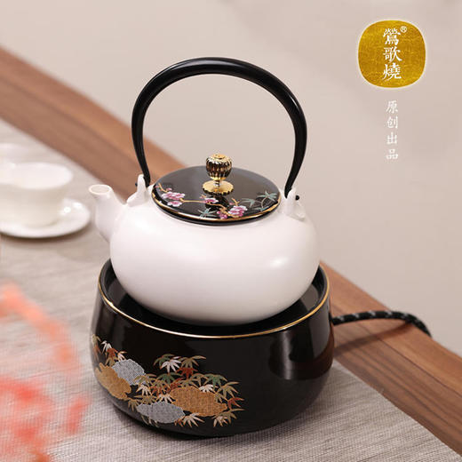  莺歌烧 黑底云竹纹电陶炉 静音防干烧自动关机煮茶炉银壶铁壶莺歌烧炉 商品图2