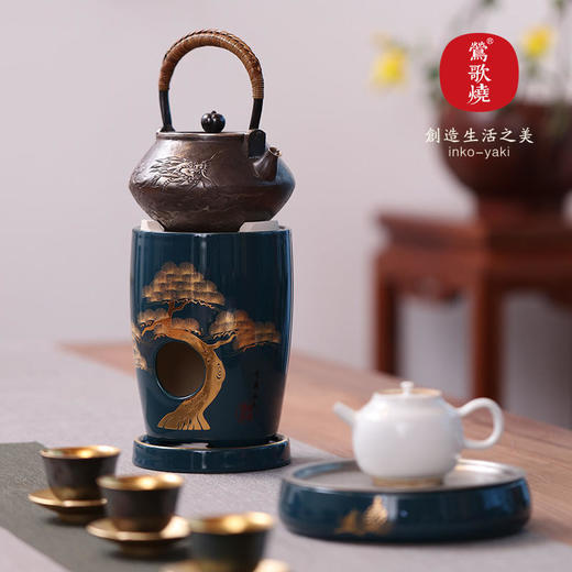  莺歌烧 富士绿金苍松两用炉 小凉炉茶道配件台式小型铁银铜壶 商品图1