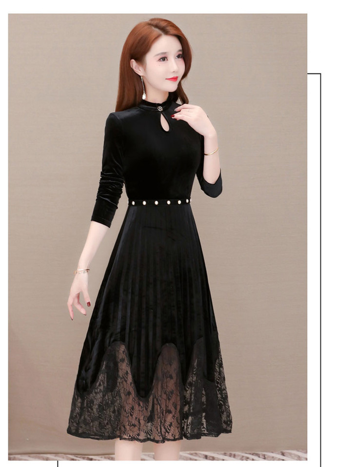 ywe m21001金丝绒连衣裙女中长款过膝蕾丝拼接