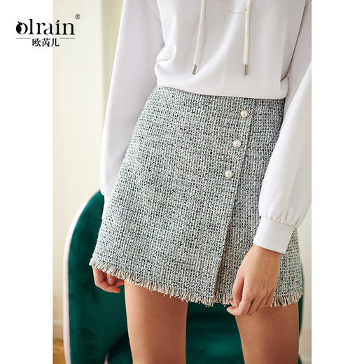 欧芮儿春新款高腰显瘦半身裙女小香风短裙流苏不规则包臀裙 商品图0