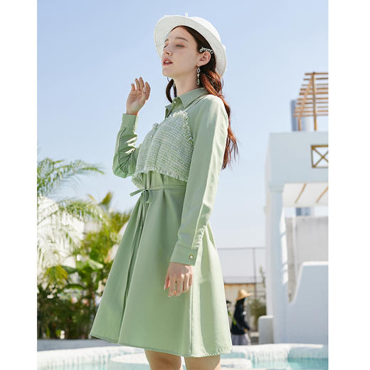 欧芮儿春新款长袖牛油果绿小香风连衣裙女中长款收腰A字裙 商品图1