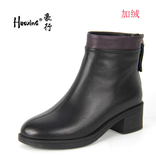 豪行冬款29428357小短靴加绒真皮女鞋粗跟矮帮靴子方根跟百搭棉鞋 商品图0