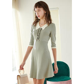 欧芮儿春新款五分袖V领针织连衣裙女中长款木耳边收腰A字裙