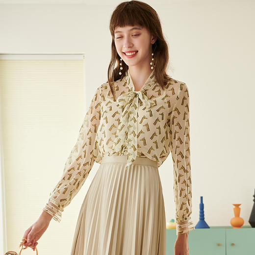 欧芮儿新款长袖蝴蝶结碎花雪纺衬衫女洋气内搭修身上衣 商品图0