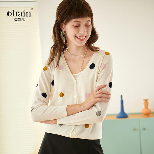 欧芮儿春新款长袖V领开衫毛衣女气质内搭打底波点针织衫 商品图0