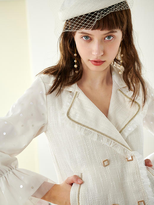 欧芮儿春新款长袖V领西连衣裙女中长款收腰网纱百褶裙 商品图2