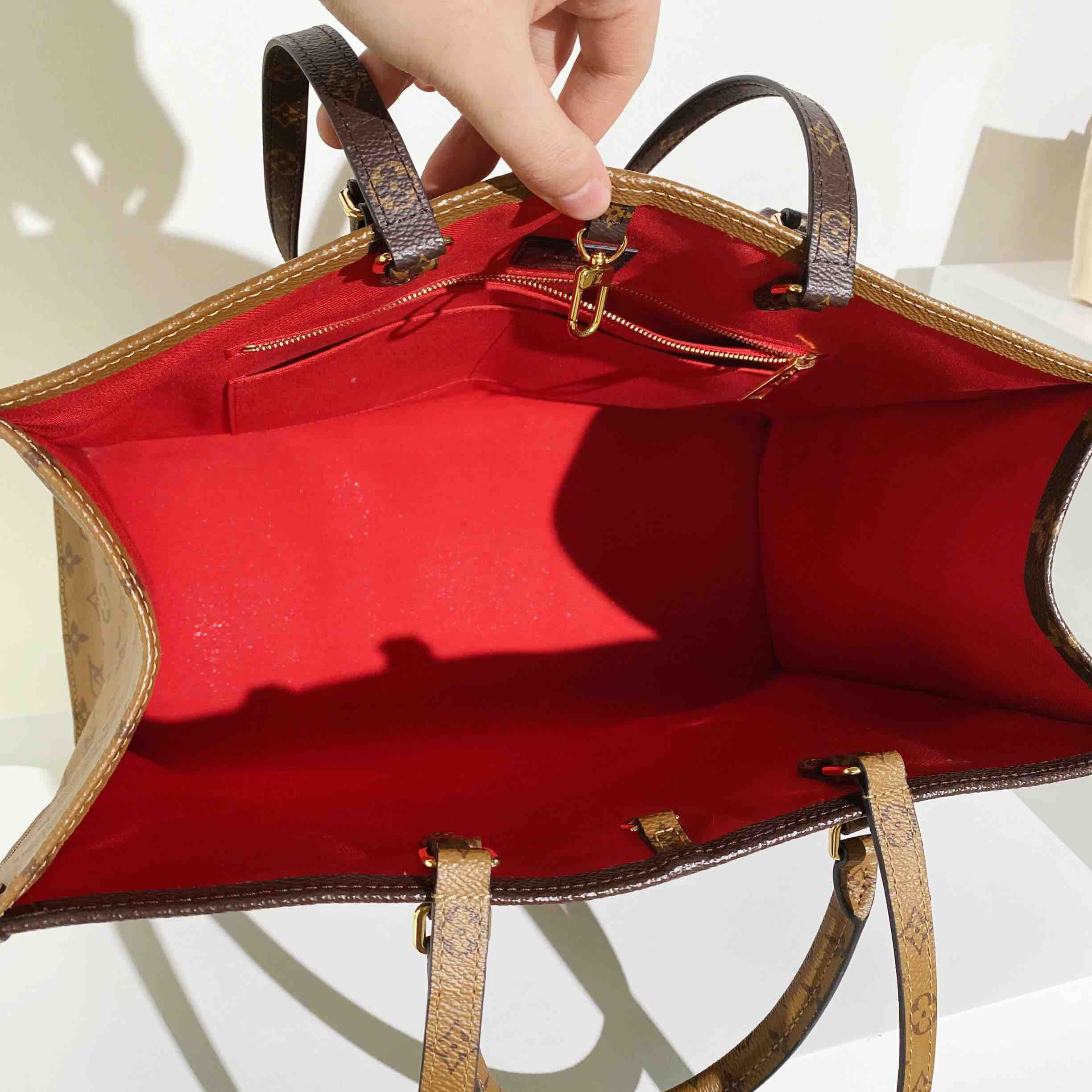 正品二手 lv on the go 大号 老花拼色 购物包