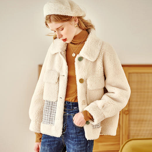 欧芮儿爱美利奴羊剪绒轻熟风短外套女2022春装新款翻领羊羔绒皮草 商品图0