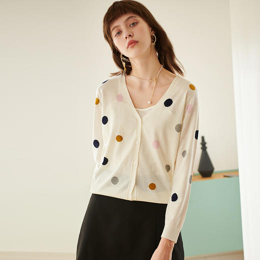 欧芮儿春新款长袖V领开衫毛衣女气质内搭打底波点针织衫 商品图1