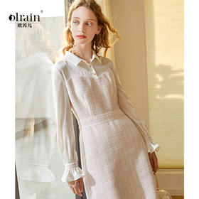 欧芮儿春新款喇叭袖假两件小香风连衣裙女中长款收腰A字裙