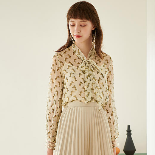 欧芮儿新款长袖蝴蝶结碎花雪纺衬衫女洋气内搭修身上衣 商品图1