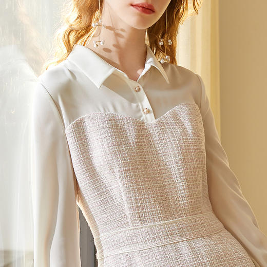 欧芮儿春新款喇叭袖假两件小香风连衣裙女中长款收腰A字裙 商品图3