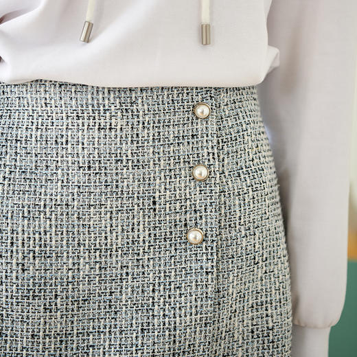 欧芮儿春新款高腰显瘦半身裙女小香风短裙流苏不规则包臀裙 商品图3