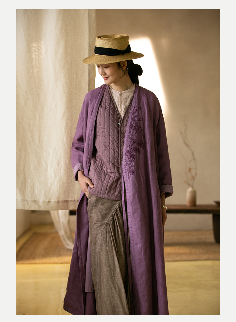 牧衣游原创设计女装复古宽松外搭【亚麻刺绣两件套外套】天下无双