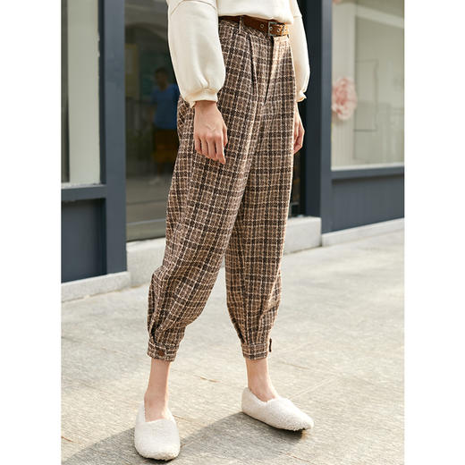 欧芮儿春新款高腰复古格子休闲裤女显瘦哈伦裤修身束脚裤 商品图1