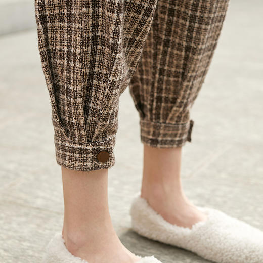 欧芮儿春新款高腰复古格子休闲裤女显瘦哈伦裤修身束脚裤 商品图3