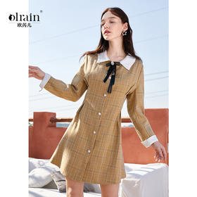 欧芮儿春新款长袖格子连衣裙女中长款洋气小个子收腰A字裙