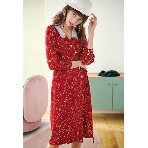 【最后一天】欧芮儿春新款七分袖不规则V领波点红色雪纺连衣裙女中长款 商品图1