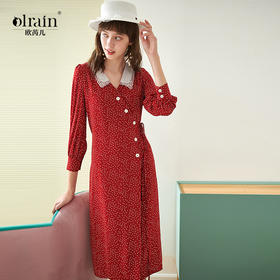 【最后一天】欧芮儿春新款七分袖不规则V领波点红色雪纺连衣裙女中长款