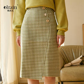 欧芮儿春新款高腰显瘦格子半身裙女中长款复古不规则包臀裙