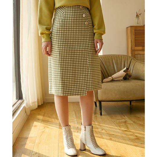 欧芮儿春新款高腰显瘦格子半身裙女中长款复古不规则包臀裙 商品图2