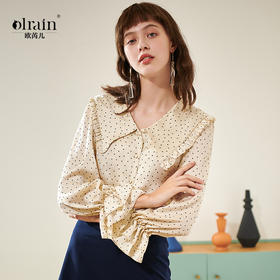 欧芮儿春新款喇叭袖V领波点雪纺衬衫女木耳边内搭休闲上衣
