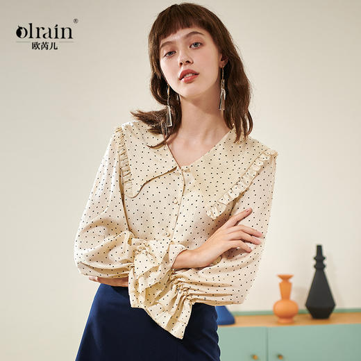欧芮儿春新款喇叭袖V领波点雪纺衬衫女木耳边内搭休闲上衣 商品图0