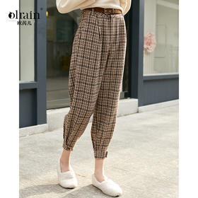 欧芮儿春新款高腰复古格子休闲裤女显瘦哈伦裤修身束脚裤