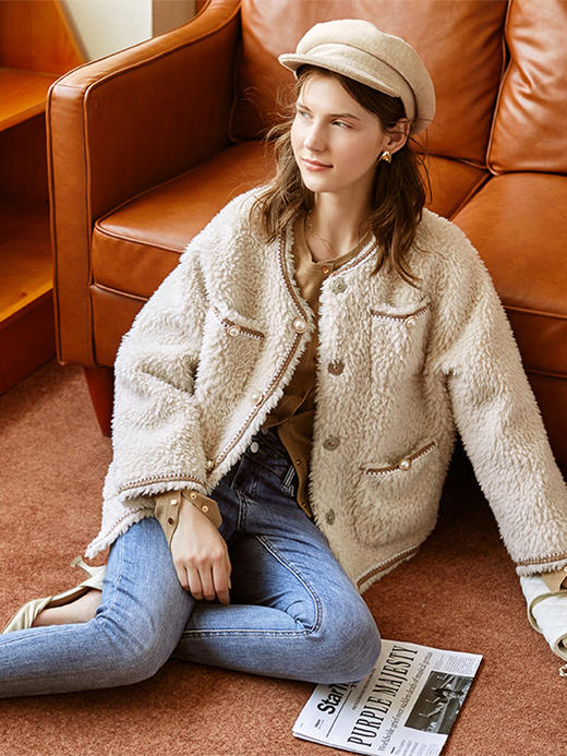 欧芮儿美利奴羊剪绒外套女冬季新款单排扣短款宽松大衣【】 商品图2