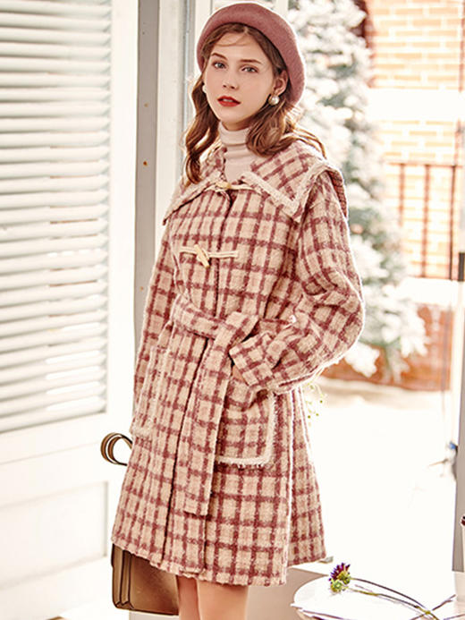 OLrain欧芮儿法式格子毛呢外套女秋冬2022年新款牛角扣海军领大衣 商品图2