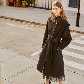 欧芮儿双面呢中长款毛呢外套女冬季收腰显瘦黑色气质呢子大衣