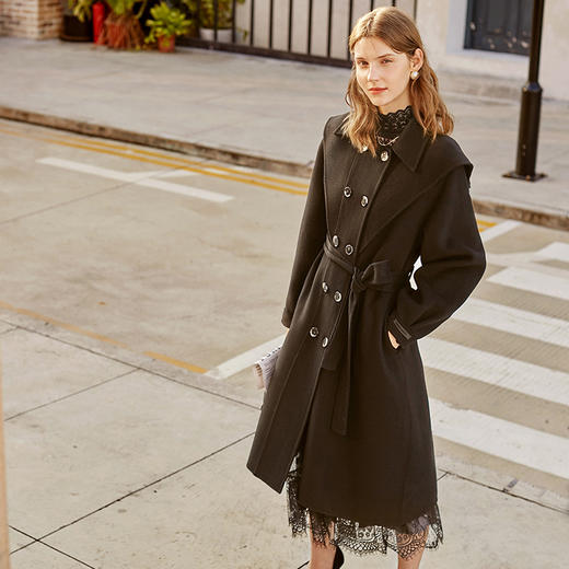 欧芮儿双面呢中长款毛呢外套女冬季收腰显瘦黑色气质呢子大衣 商品图0