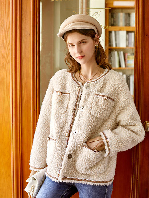 欧芮儿美利奴羊剪绒外套女冬季新款单排扣短款宽松大衣【】 商品图1